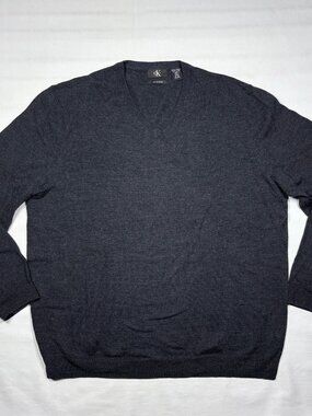 Calvin Klein Men's 2XL Gray 100% Extra Fine Merino Wool V-Neck Pullover Sweater